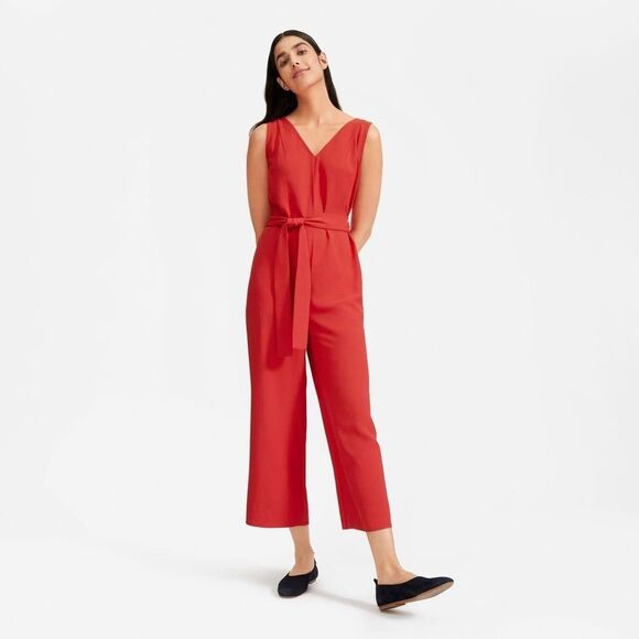 Everlane Jumpsuit Womens 4 Red Sleeveless Wide Leg Belted Linen Blend Pockets - Picture 1 of 16
